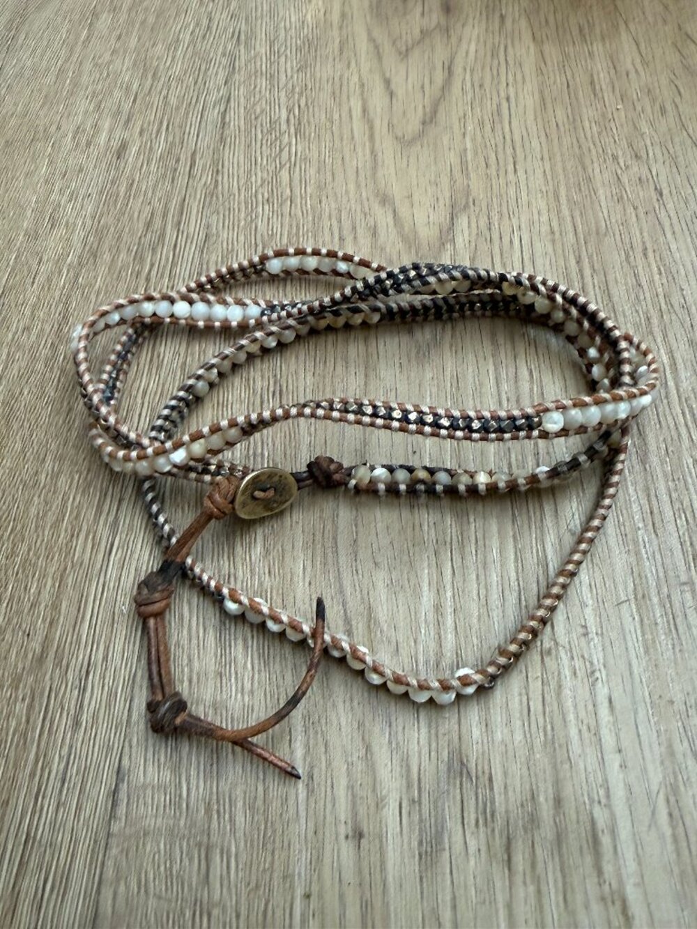 Chan Luu Brown & White Beaded Bohemian Wrap Leather Bracelet One Size